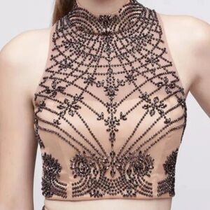 Xscape Nude Beaded Halter Crop Top with Black Embellishment